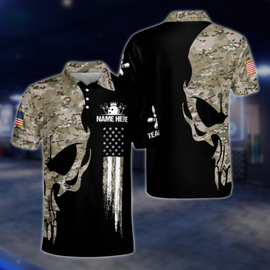 Personalised Camo Skull Bowling Polo Shirts Mens, Custom Skull Bowling Shirt Team BZ0156