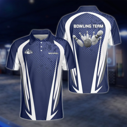Customized Team Blue And White Bowling Polo Shirts For Men, Custom Bowling Shirts BE0093