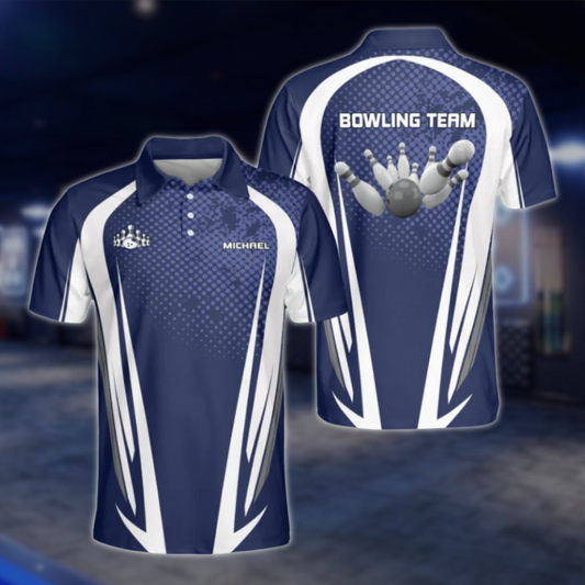 Customized Team Blue And White Bowling Polo Shirts For Men, Custom Bowling Shirts BE0093