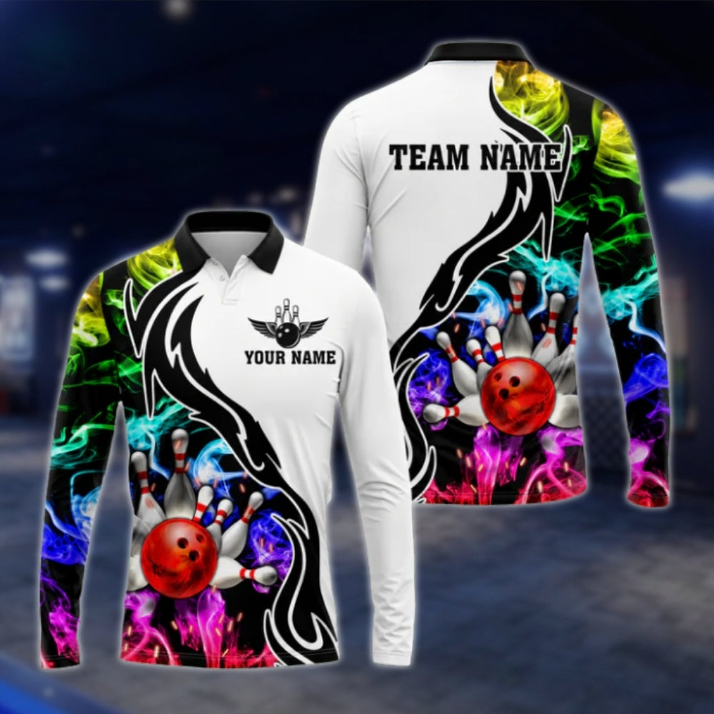 Custom Team Multicolor Smoke Bowling Long Sleeve Polo Shirt For Mens, Custom Bowling Team Shirts BO0263