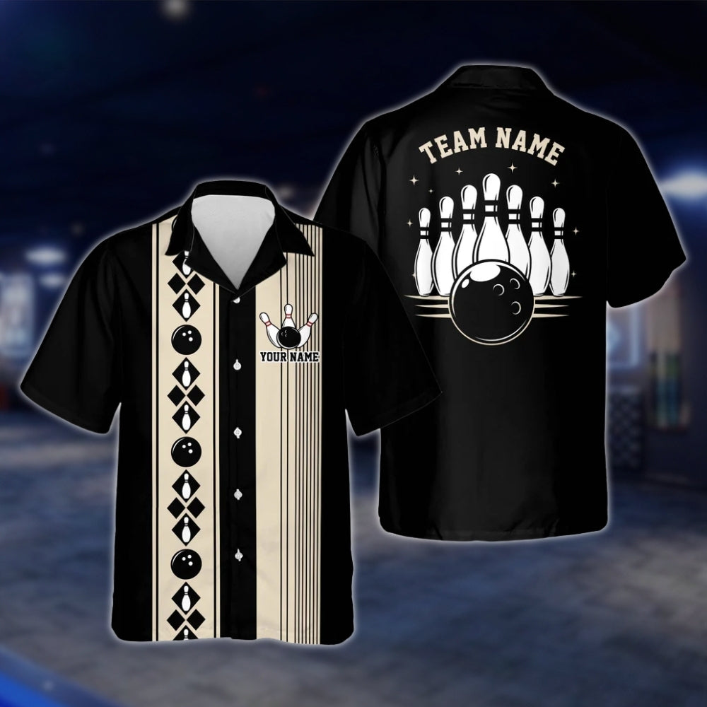 Custom Vintage Black Beige Bowling Hawaiian Shirt Men Women, Custom Vintage Bowling Team Shirts BE0020