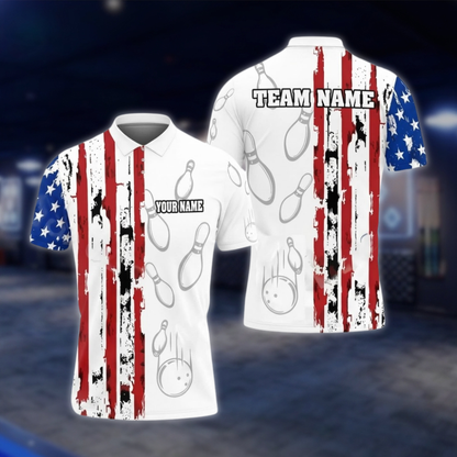 Personalized American Flag Bowling Polo Shirt Men Black, Custom Patriotic Bowling Shirt For Team BZ0867