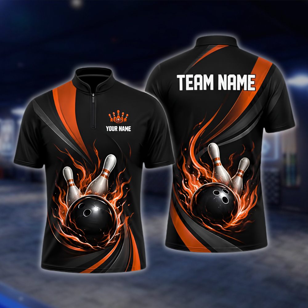 Personalized Flame Red Black Bowling Mens Jersey, Custom Flame Bowling Shirt For Team BZ0923