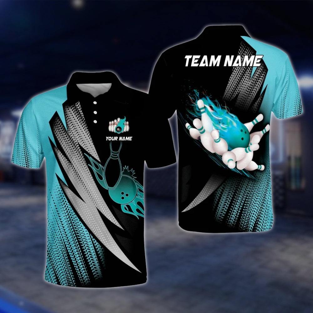 Custom Flaming Purple Black Men's Bowling Polo Shirt, Custom Flame Bowling Shirts For Team BO0376