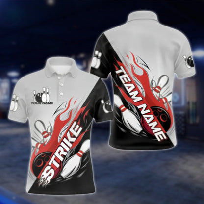 Custom Strike Flame Men's Grey Red Black Bowling Polo Shirt, Custom Flame Bowling Team Shirts BZ0447