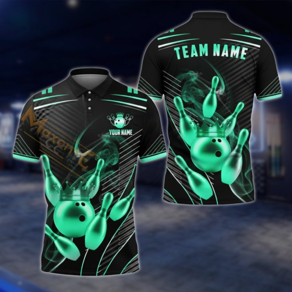 Golden Pins And Ball Custom Team Bowling Polo Shirt For Men, Custom Black Gold Bowling Team Shirts BA0007