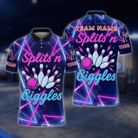 Splits'n Giggles Personalized Neon Bowling Polo Shirt For Men, Custom Funny Bowling Shirt For Team BZ0738