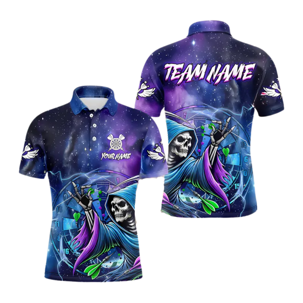 Skull Grim Reaper Galaxy Mens Personalized Darts Button Polo