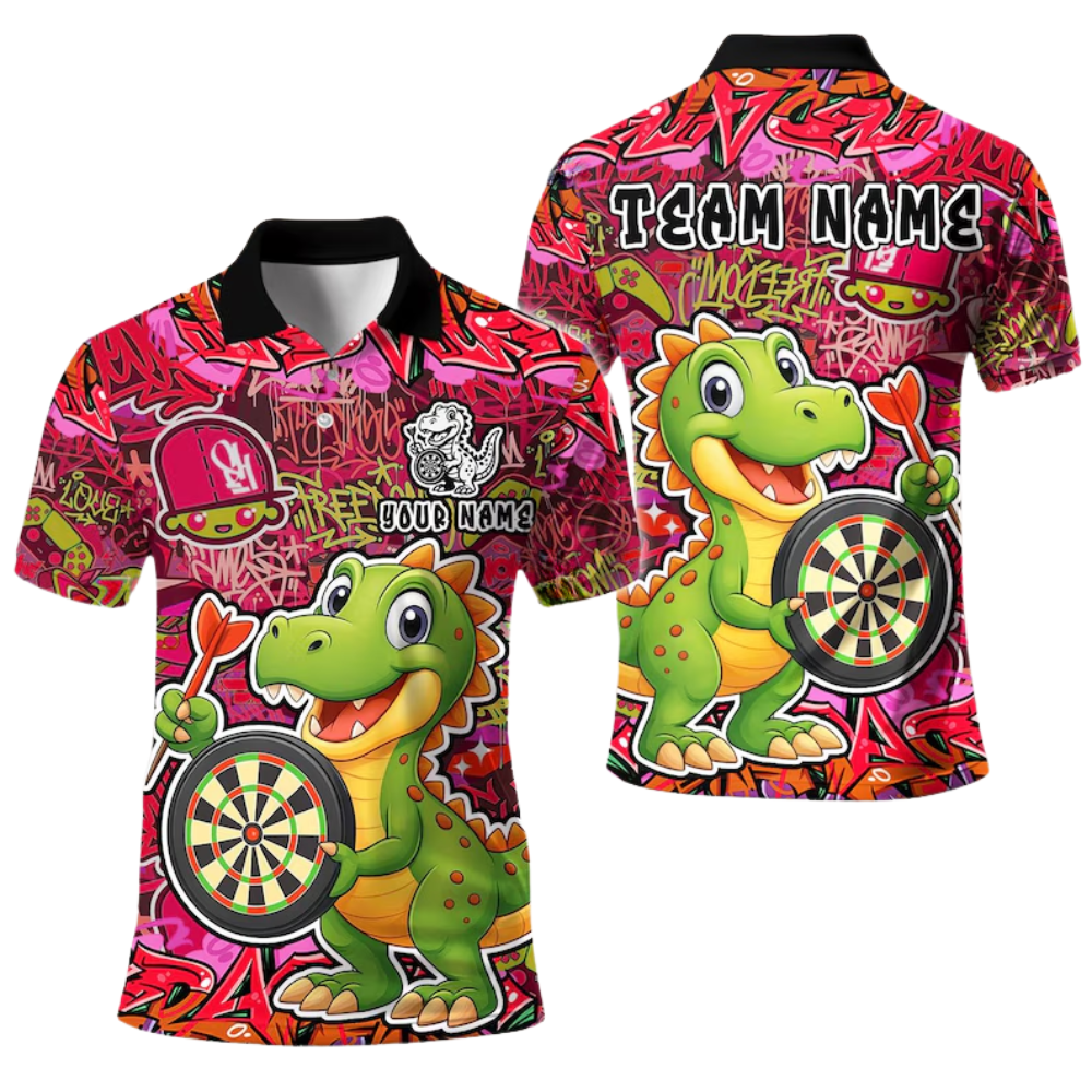 Graffiti Funny Dinosaur Mens Personalized Darts Button Polo
