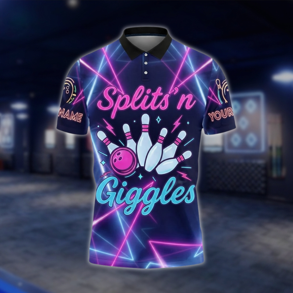 Splits'n Giggles Personalized Neon Bowling Polo Shirt For Men, Custom Funny Bowling Shirt For Team BZ0738