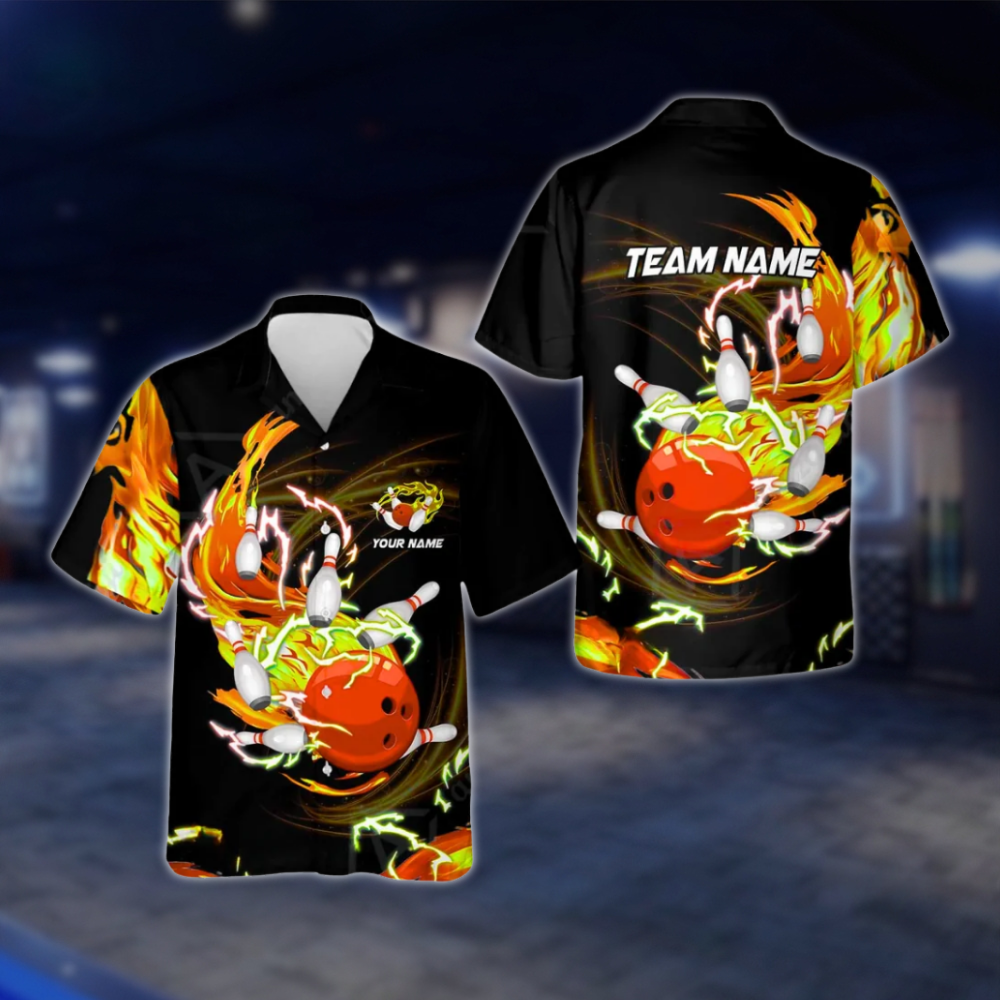 Personalized Flame Ball And Pins Bowling Hawaiian Shirt For Men, Custom Flame Team Bowling Shirt BZ0771