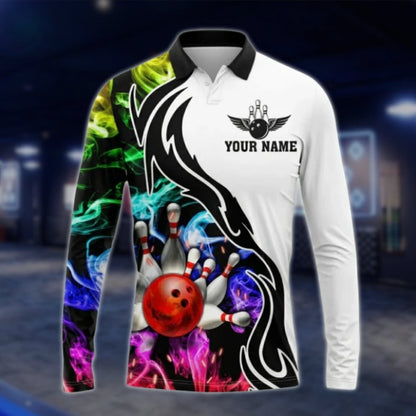 Custom Team Multicolor Smoke Bowling Long Sleeve Polo Shirt For Mens, Custom Bowling Team Shirts BO0263