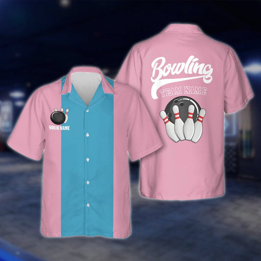 Women's Custom Pink Blue Vintage Bowling Hawaiian Shirt, Custom Vintage Bowling Team Shirts For Ladies BZ0019