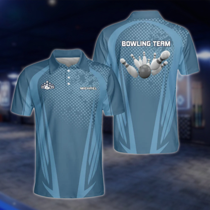 Customized Team Blue And White Bowling Polo Shirts For Men, Custom Bowling Shirts BE0093