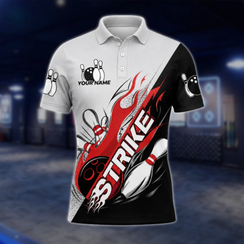 Custom Strike Flame Men's Grey Red Black Bowling Polo Shirt, Custom Flame Bowling Team Shirts BZ0447