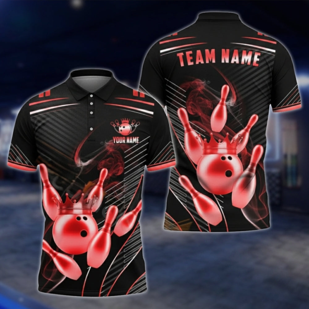 Golden Pins And Ball Custom Team Bowling Polo Shirt For Men, Custom Black Gold Bowling Team Shirts BA0007