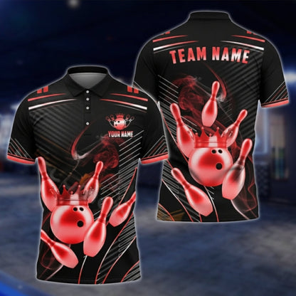 Golden Pins And Ball Custom Team Bowling Polo Shirt For Men, Custom Black Gold Bowling Team Shirts BA0007