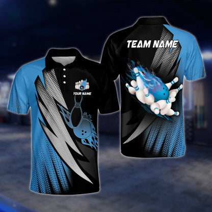Custom Flaming Purple Black Men's Bowling Polo Shirt, Custom Flame Bowling Shirts For Team BO0376