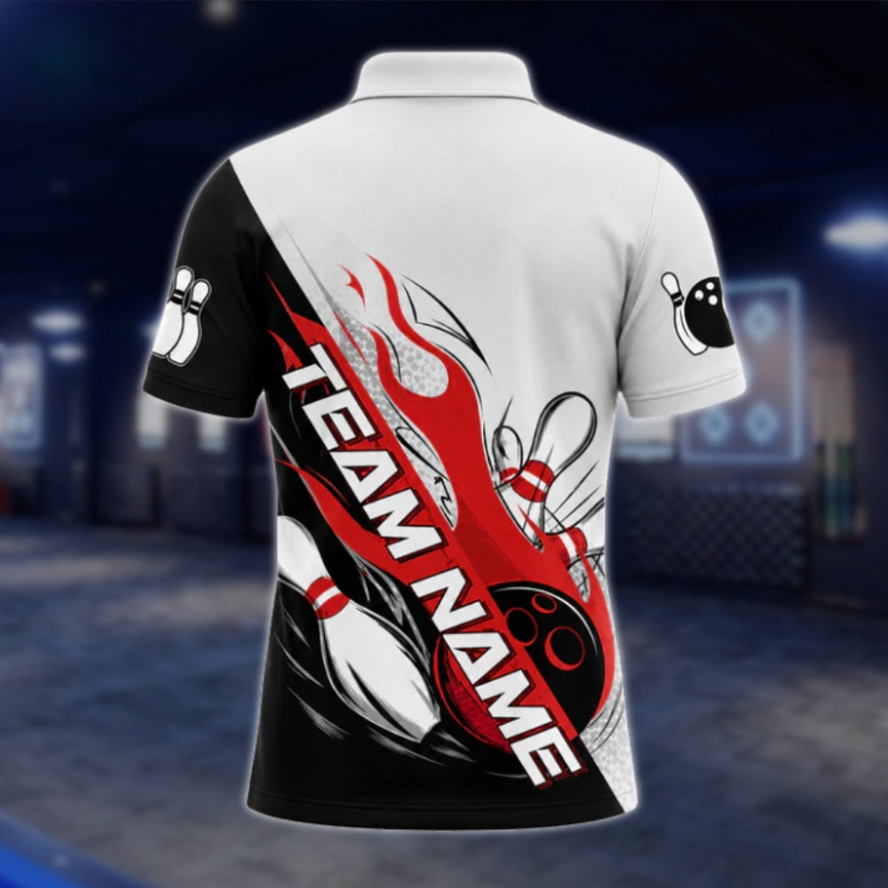 Custom Strike Flame Men's Grey Red Black Bowling Polo Shirt, Custom Flame Bowling Team Shirts BZ0447