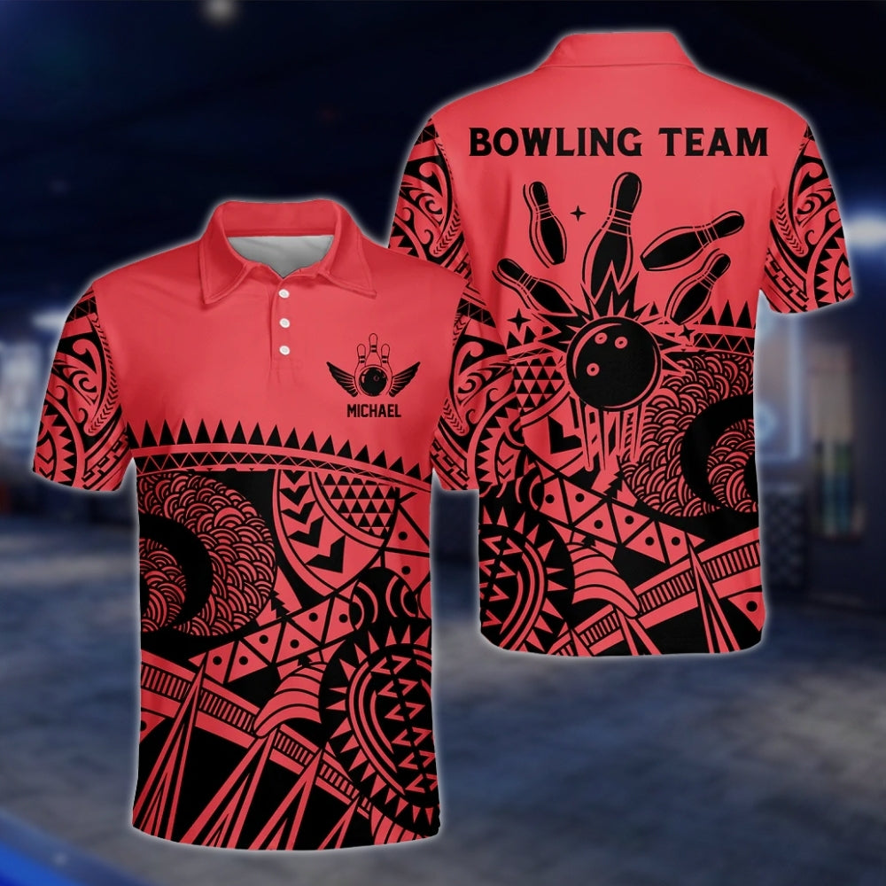 Men's Custom Black And Red Tribal Bowling Polo Shirt, Custom Tribal Bowling Team Shirts BZ0203