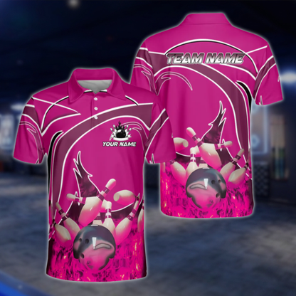 Custom Flame Men's Red Bowling Polo Shirts, Custom Flame Bowling Shirt For Team BM0318