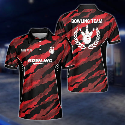 Custom Camo Red Black Bowling Polo Mens Shirt, Custom Camo Bowling Shirts For Team BZ0196