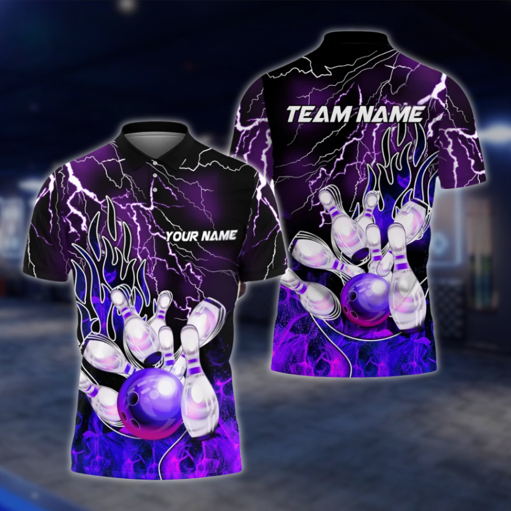 Personalized Flame Purple Bowling Polo Shirt For Men, Custom Flame Bowling Shirts Team BZ0759