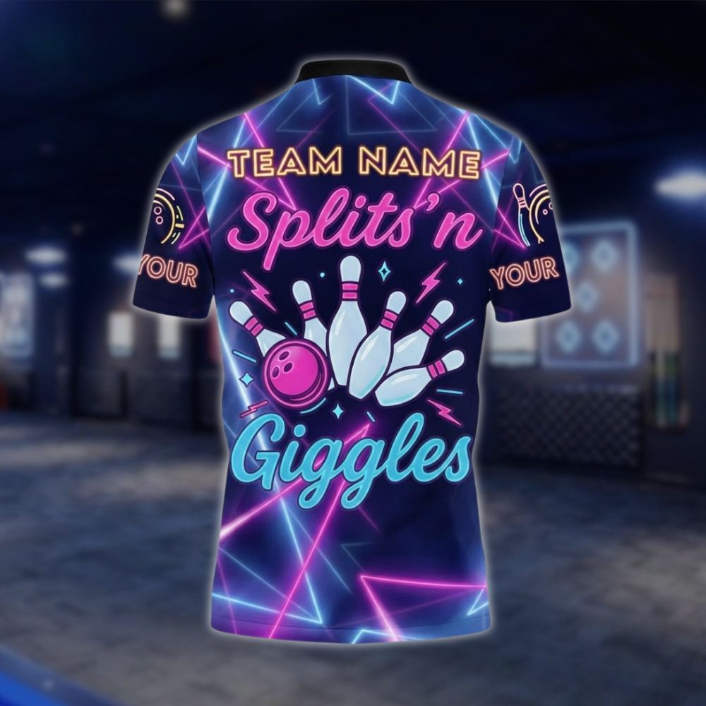 Splits'n Giggles Personalized Neon Bowling Polo Shirt For Men, Custom Funny Bowling Shirt For Team BZ0738