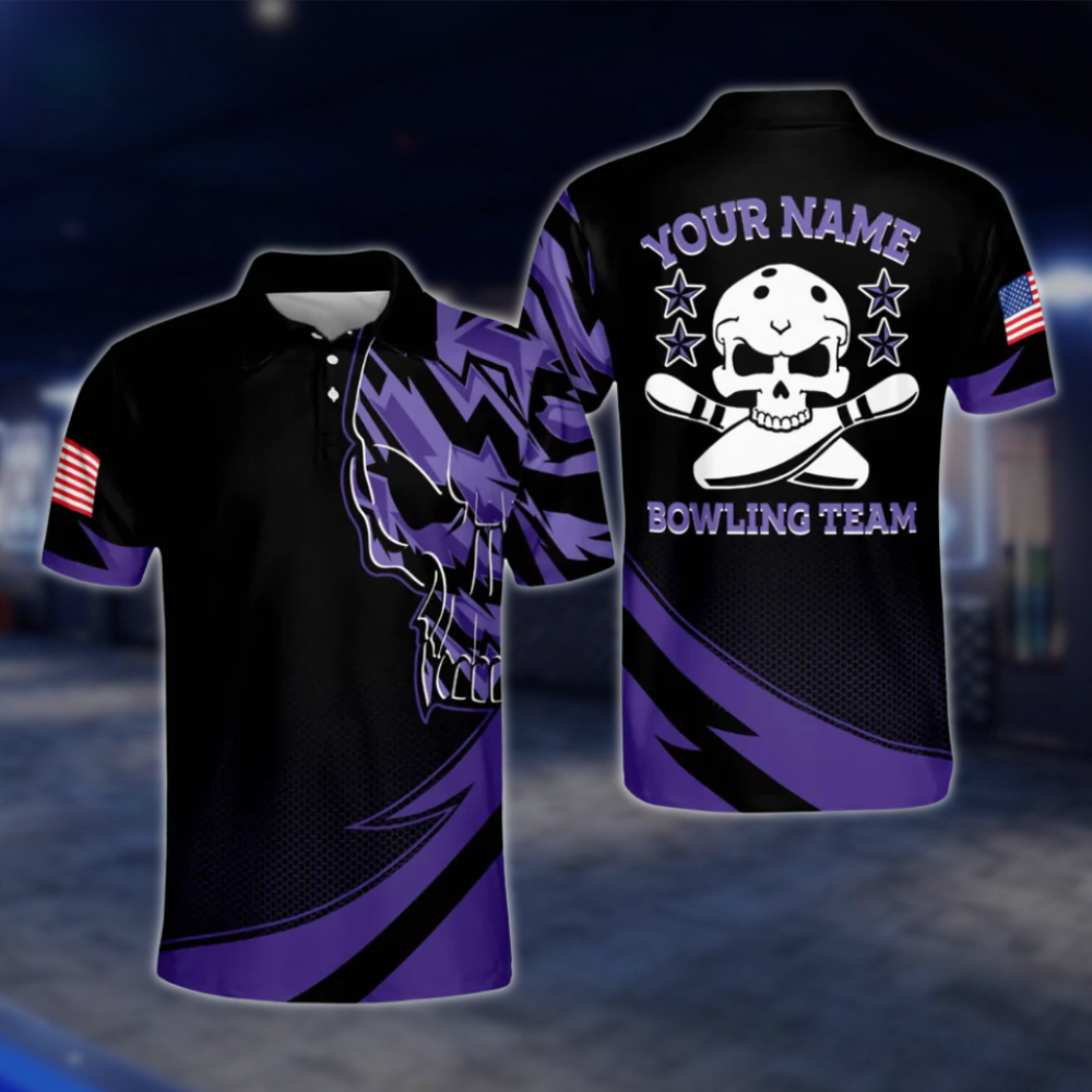 Custom Skull Black Purple Bowling Polo Shirt For Mens, Custom Skeleton Bowling Team Shirts BM0059