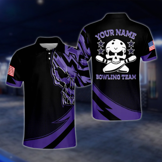 Custom Skull Black Purple Bowling Polo Shirt For Mens, Custom Skeleton Bowling Team Shirts BM0059