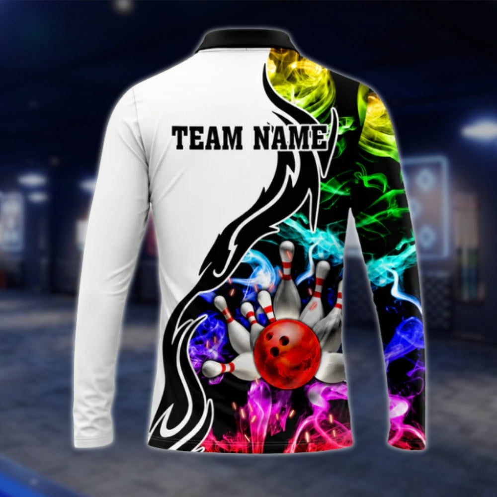 Custom Team Multicolor Smoke Bowling Long Sleeve Polo Shirt For Mens, Custom Bowling Team Shirts BO0263