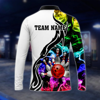Custom Team Multicolor Smoke Bowling Long Sleeve Polo Shirt For Mens, Custom Bowling Team Shirts BO0263