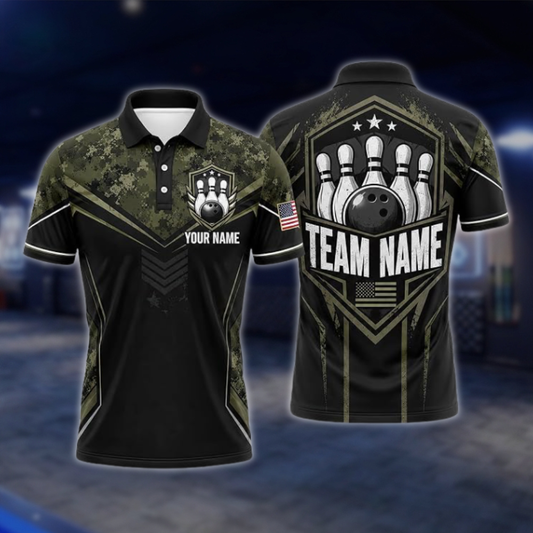 Personalized Camo Green Black Bowling Polo Shirt Mens, Custom Camo Bowling Team Shirts BZ0941