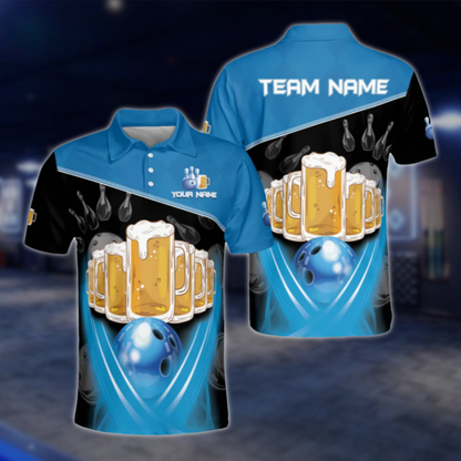 Custom Beer Polo Bowling Team Shirts For Men, Custom Blue Black Beer Bowling Shirt BE0034