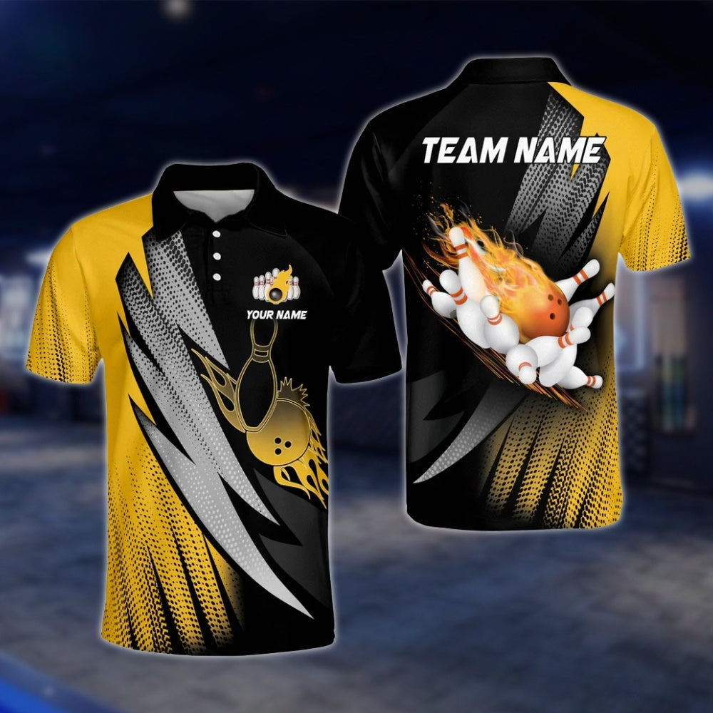 Custom Flaming Purple Black Men's Bowling Polo Shirt, Custom Flame Bowling Shirts For Team BO0376