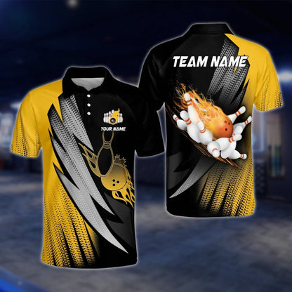Custom Flaming Purple Black Men's Bowling Polo Shirt, Custom Flame Bowling Shirts For Team BO0376