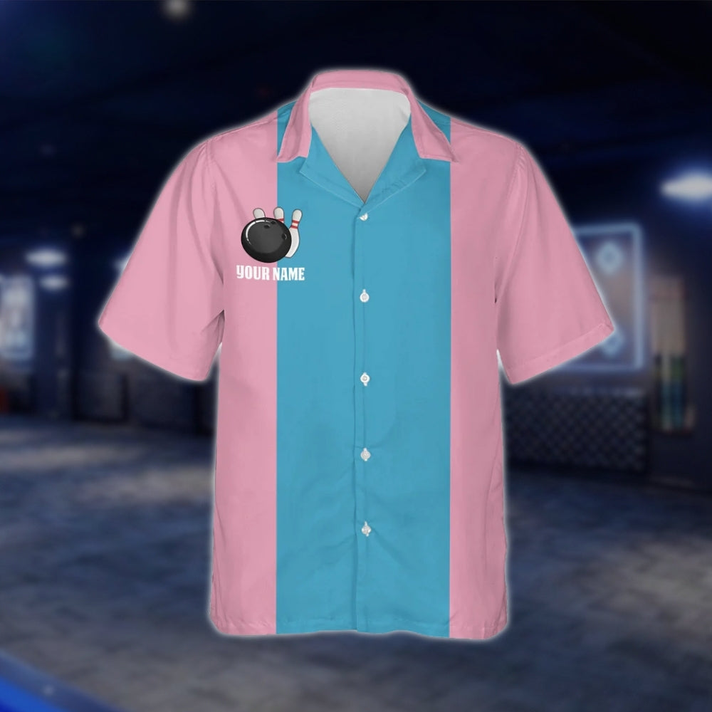 Women's Custom Pink Blue Vintage Bowling Hawaiian Shirt, Custom Vintage Bowling Team Shirts For Ladies BZ0019
