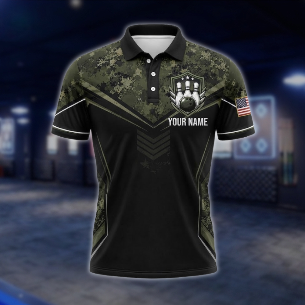 Personalized Camo Green Black Bowling Polo Shirt Mens, Custom Camo Bowling Team Shirts BZ0941