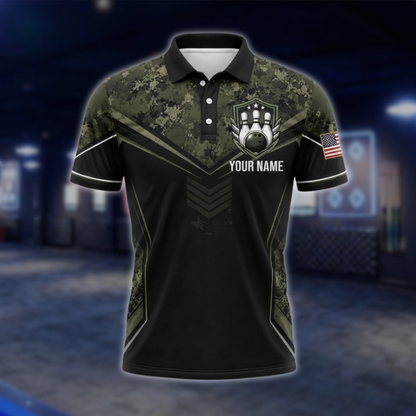 Personalized Camo Green Black Bowling Polo Shirt Mens, Custom Camo Bowling Team Shirts BZ0941