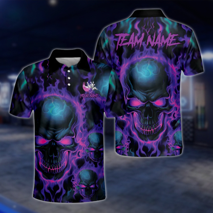 Purple Flame Skull Custom Team Mens Bowling Polo Shirts, Custom Skull Bowling Shirt BM0315
