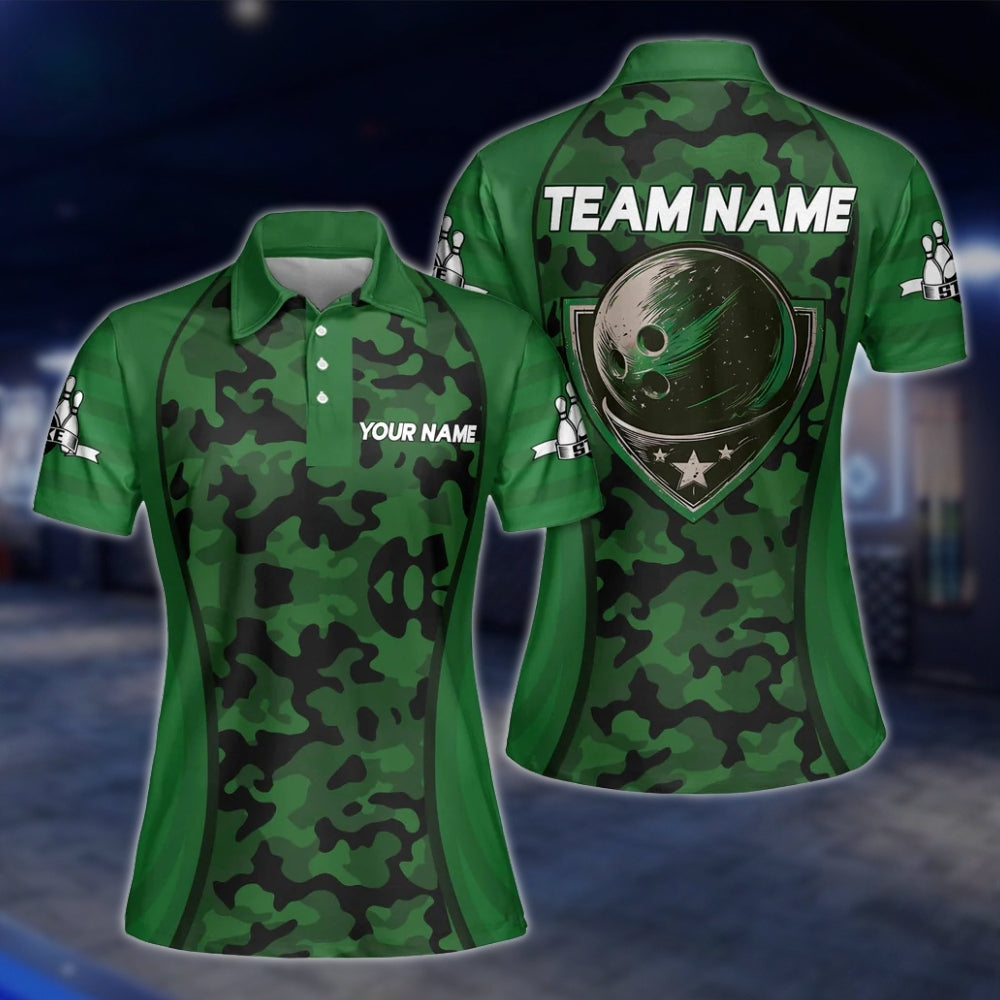 Women's Custom Green Camo Bowling Polo Shirts, Custom Camouflage Bowling Team Shirts For Ladies BZ0193