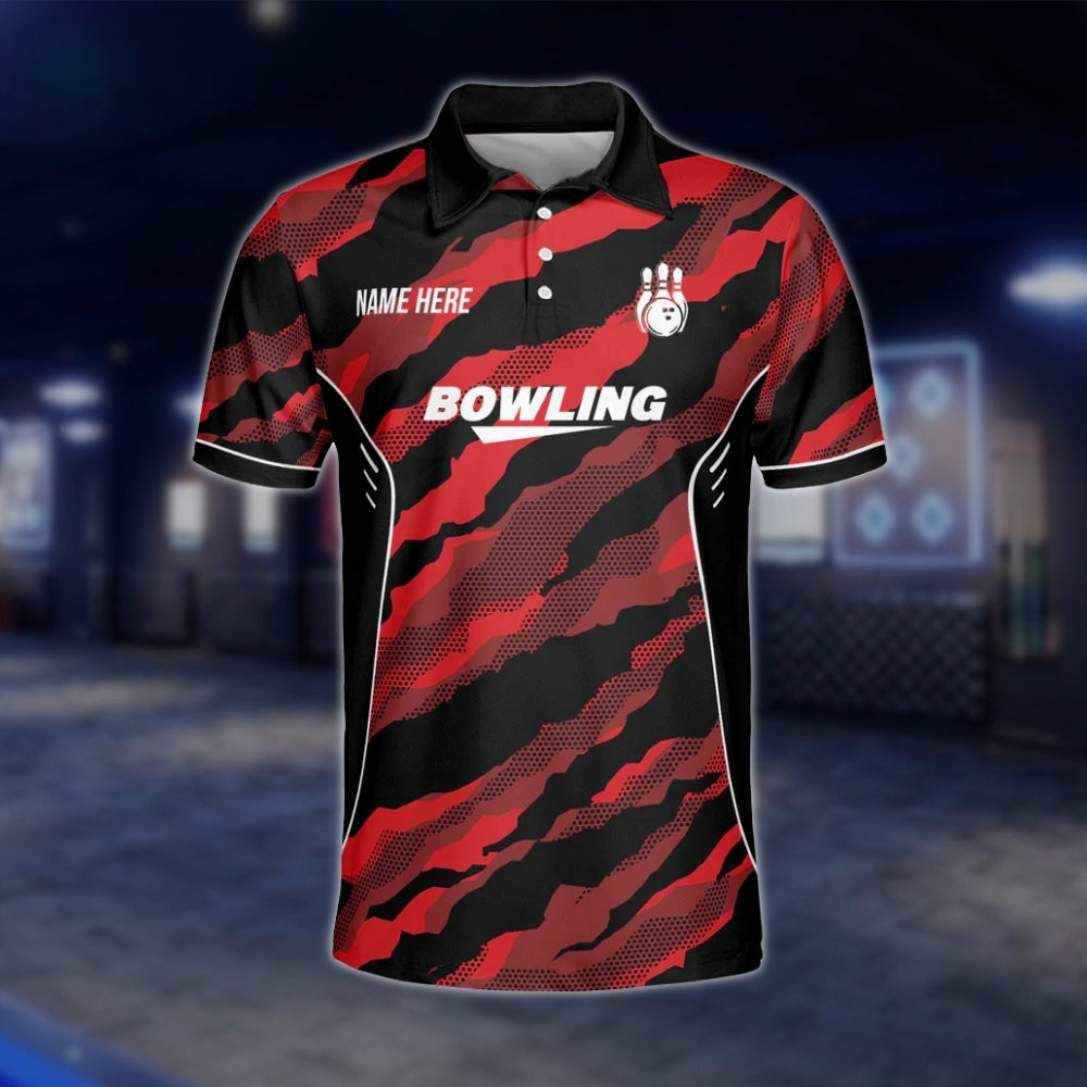 Custom Camo Red Black Bowling Polo Mens Shirt, Custom Camo Bowling Shirts For Team BZ0196