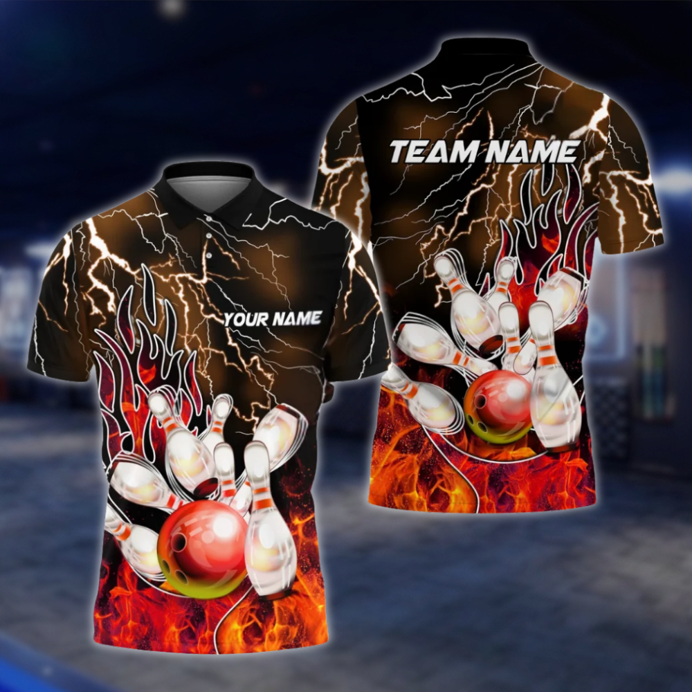 Personalized Flame Purple Bowling Polo Shirt For Men, Custom Flame Bowling Shirts Team BZ0759