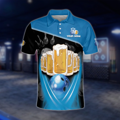 Custom Beer Polo Bowling Team Shirts For Men, Custom Blue Black Beer Bowling Shirt BE0034
