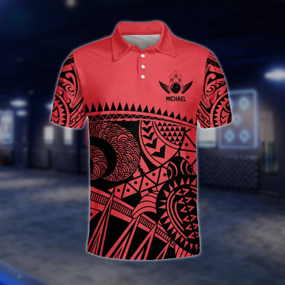 Men's Custom Black And Red Tribal Bowling Polo Shirt, Custom Tribal Bowling Team Shirts BZ0203