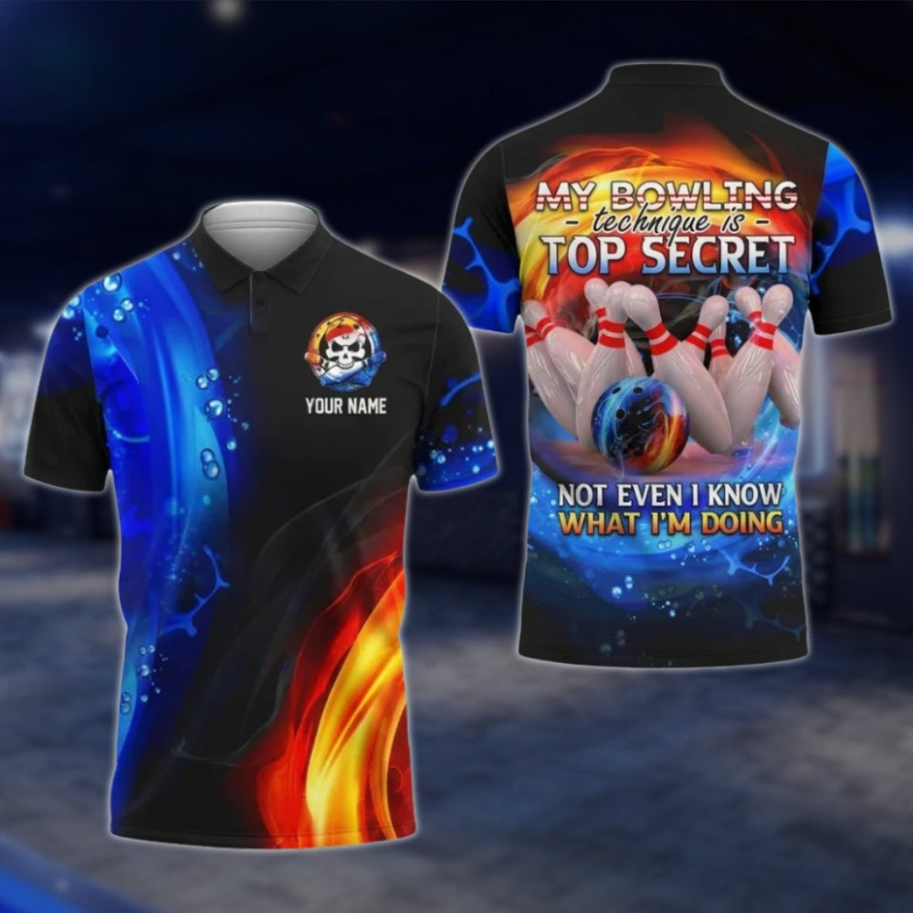 My Bowling Technique Is Top Secret Not Even I Know What I'm Doing Custom Flame Bowling Mens Polo Shirt, Custom Funny Bowling Shirts SO0877
