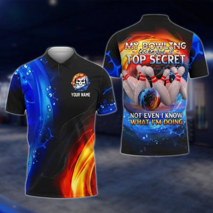 My Bowling Technique Is Top Secret Not Even I Know What I'm Doing Custom Flame Bowling Mens Polo Shirt, Custom Funny Bowling Shirts SO0877