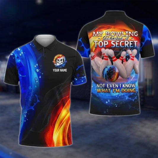 My Bowling Technique Is Top Secret Not Even I Know What I'm Doing Custom Flame Bowling Mens Polo Shirt, Custom Funny Bowling Shirts SO0877