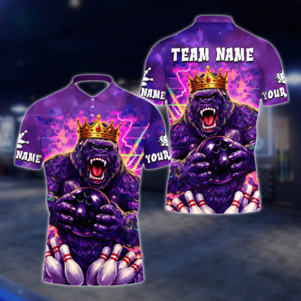 Custom King Gorilla Purple Bowling Polo Shirt For Mens, Custom Team Gorilla Bowling Shirts BE0187