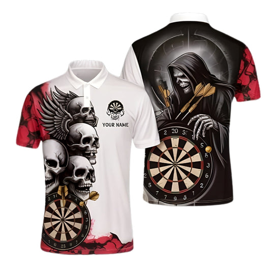 White and Red Skeleton for Mens Personalized Darts Button Polo